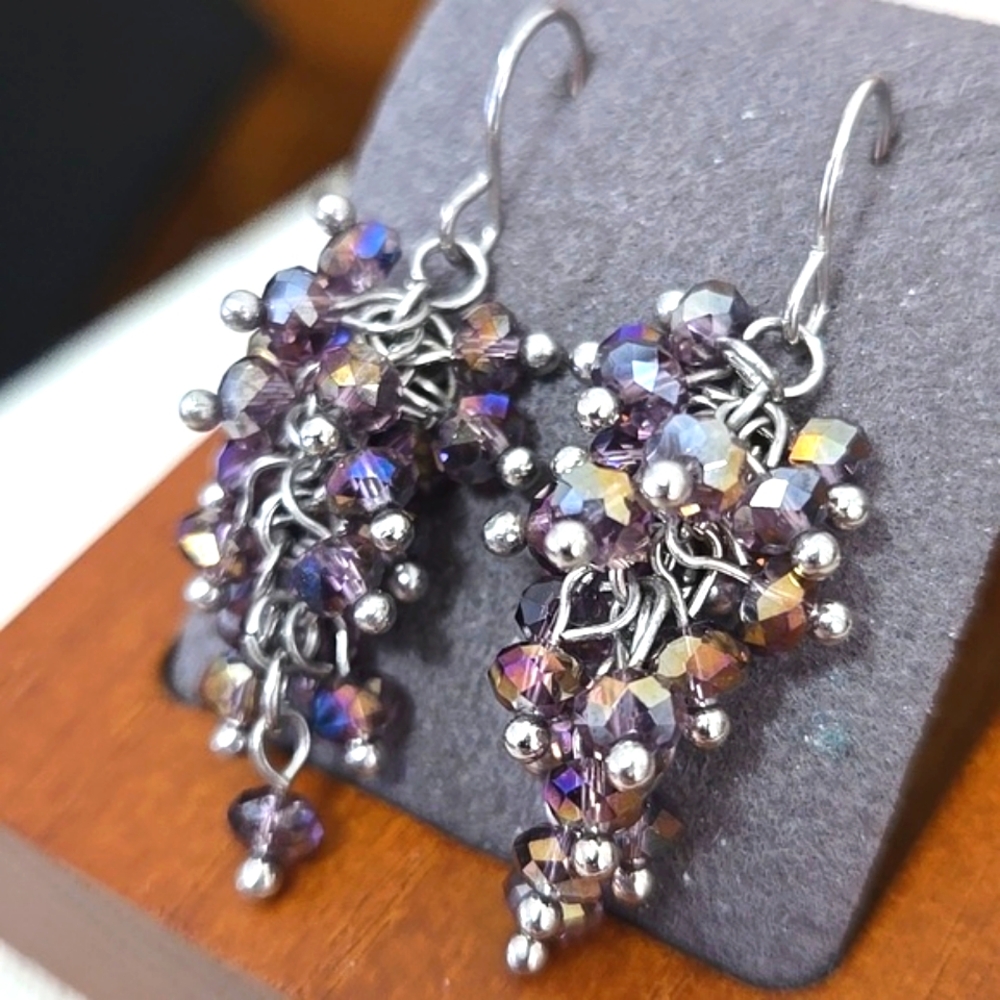 AURORA BOREALIS PURPLE GRAPE CLUSTER WIRE EARRINGS - Picture 2 of 3